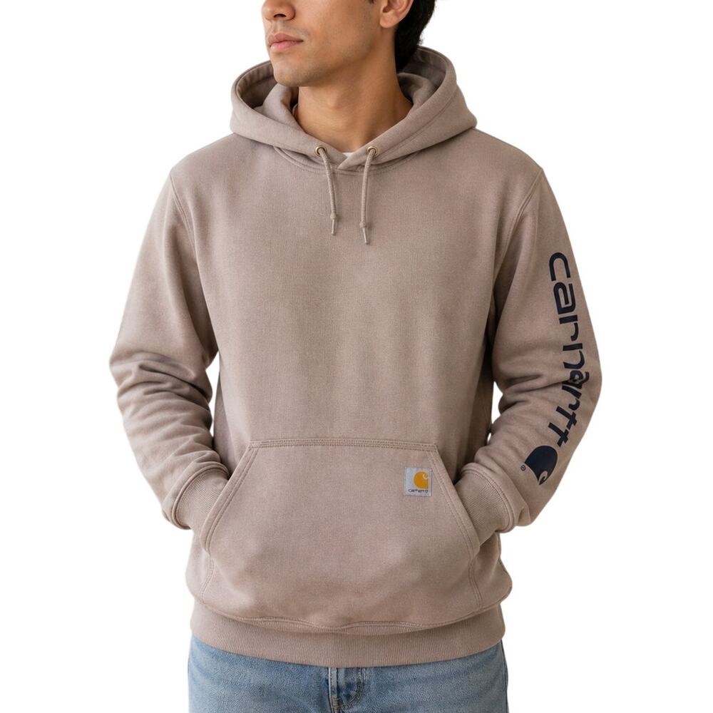 Carhartt Taupe Logo Sleeve Hoodie S Loose Fit Workwear Streetwear
